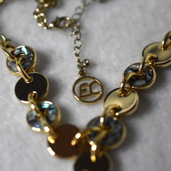 Vintage EC Y Shaped Flapper Style Abalone/Gold Tone Disc Link Statement Necklace - Picture 3 of 4